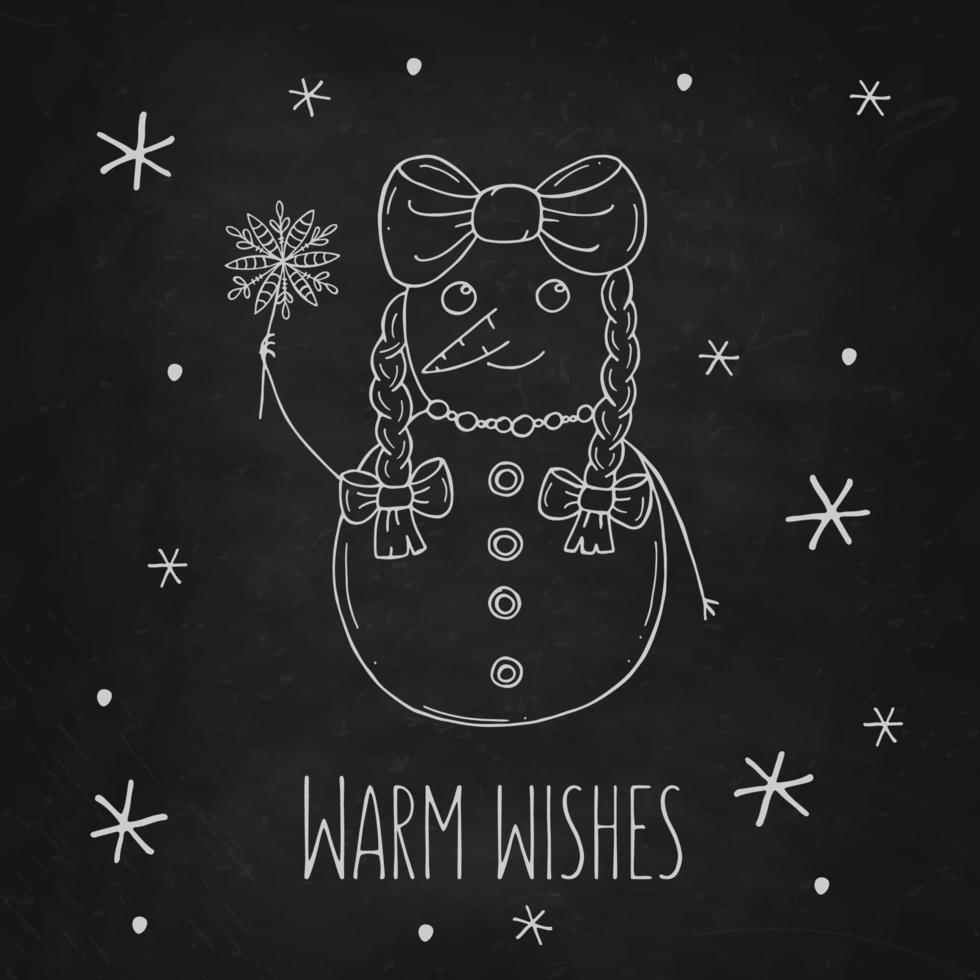 Cute snowman with snowflakes on a black chalk board. Vector illustration in doodle style. Winter mood. Hello 2023. Merry Christmas and Happy New Year.