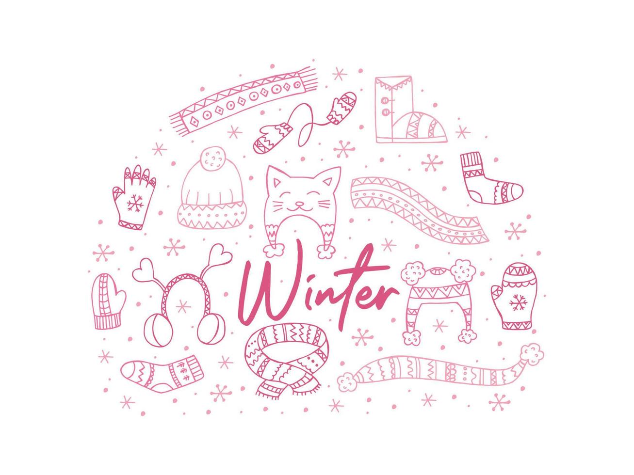 A set of hand-drawn winter clothing. Vector illustration in doodle style. Winter mood. Hello 2023. Merry Christmas and Happy New Year. Pink elements in the shape of a circle on a white background.