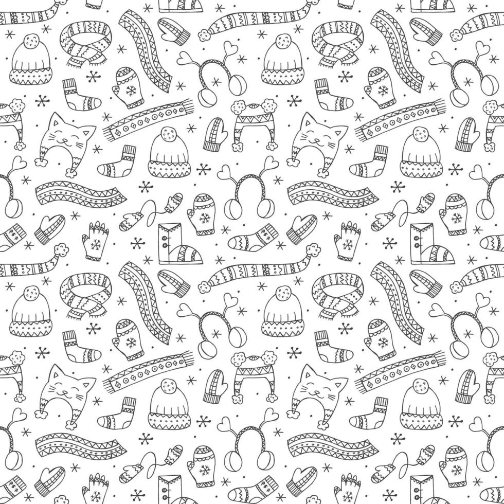 Hand-drawn winter clothing. Seamless pattern. Endless ornament. Vector illustration in doodle style. Winter mood. Hello 2023. Merry Christmas and Happy New Year. Black elements on a white background.