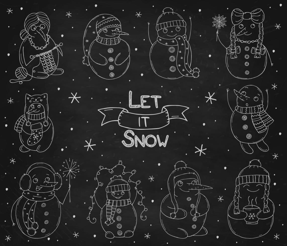 Set of cute snowmen on a black chalk board. Vector illustration in doodle style. Winter mood. Hello 2023. Merry Christmas and Happy New Year.