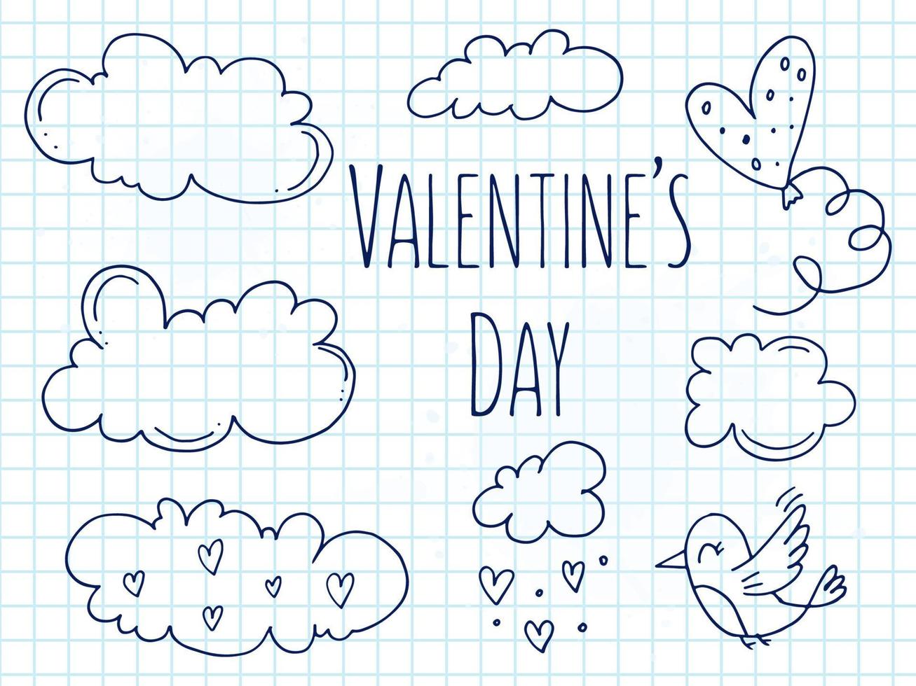 Set of cute hand-drawn doodle elements about love. Message stickers for apps. Icons for Valentines Day, romantic events and wedding. A checkered notebook. A bird with balloon in the sky with clouds. vector