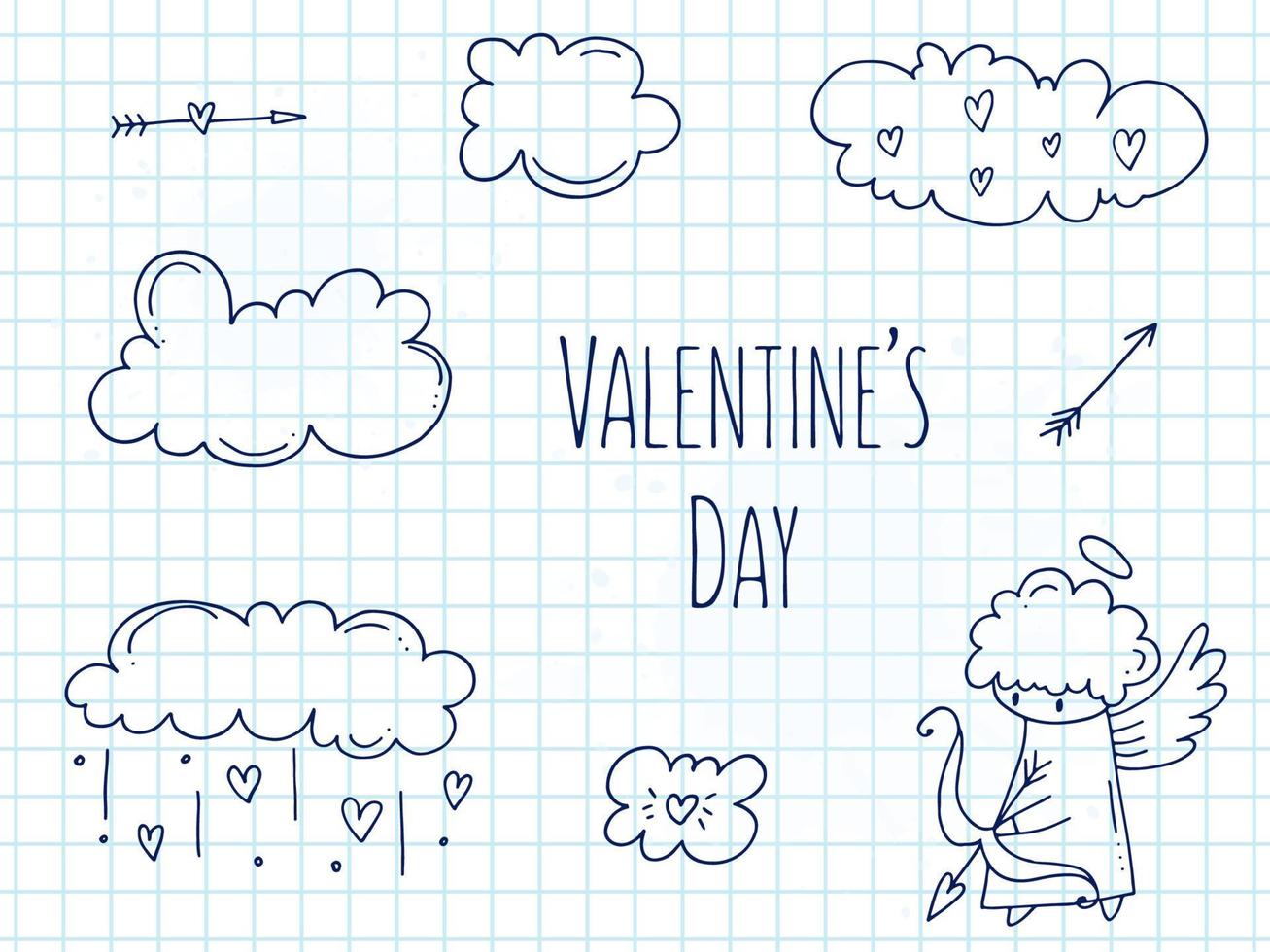 Set of cute hand-drawn doodle elements about love. Message stickers for apps. Icons for Valentines Day, romantic events and wedding. A checkered notebook. Cupid with a bow and arrow in the clouds. vector