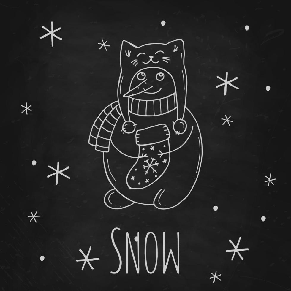 Cute snowman with snowflakes on a black chalk board. Vector illustration in doodle style. Winter mood. Hello 2023. Merry Christmas and Happy New Year.