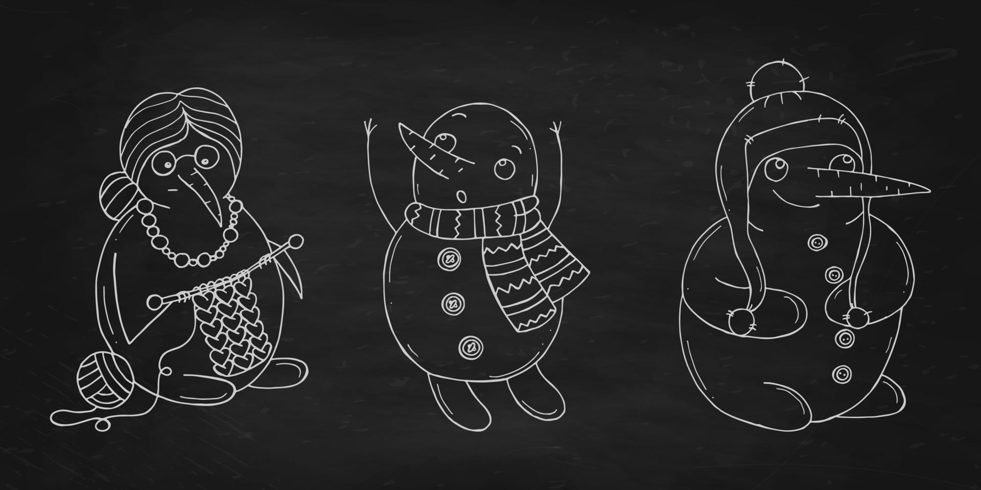 Set of cute snowmen on a black chalk board. Vector illustration in doodle style. Winter mood. Hello 2023. Merry Christmas and Happy New Year.