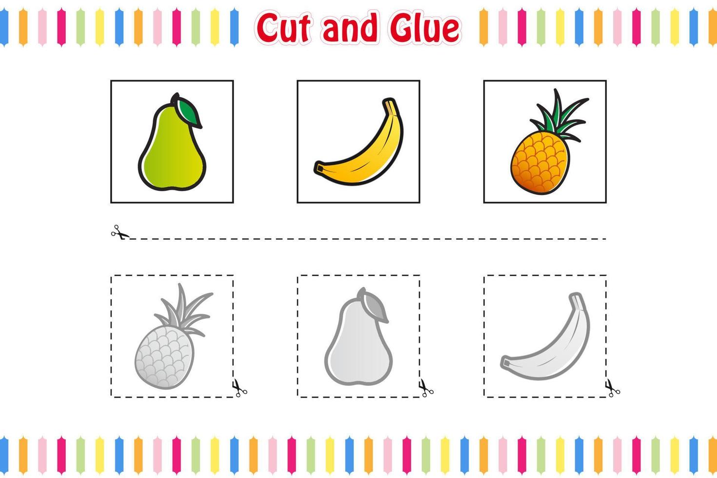 Cut and Glue game for Kids, Education, Developing, Worksheet, Color activity page. Fruits Cartoon Character vector