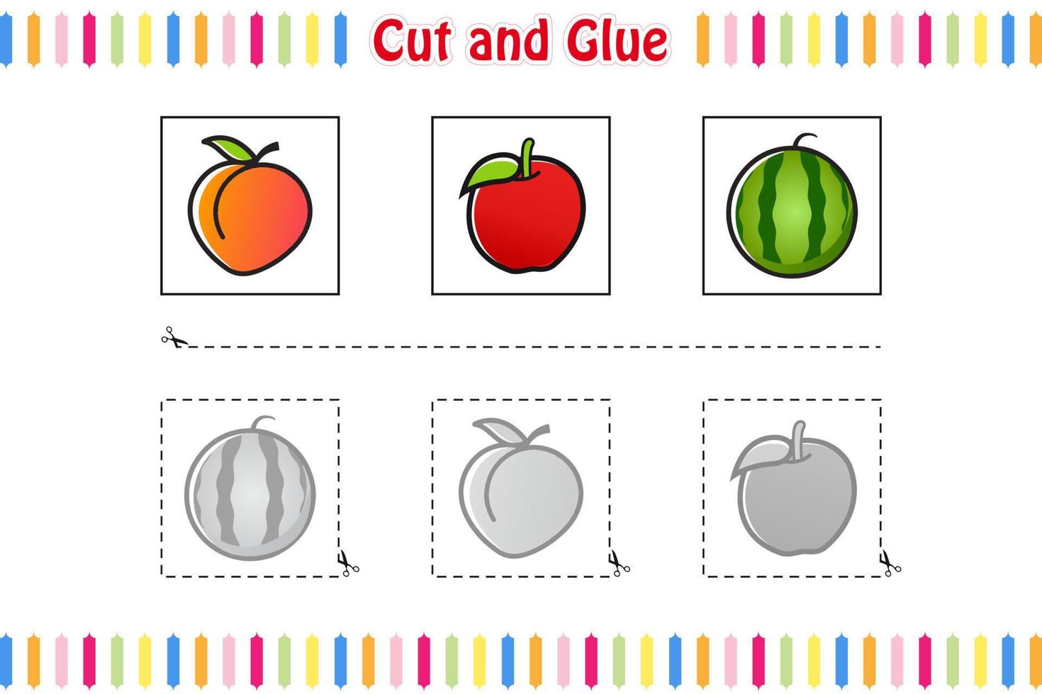 Cut and Glue game for Kids, Education, Developing, Worksheet, Color activity page. Fruits Cartoon Character vector