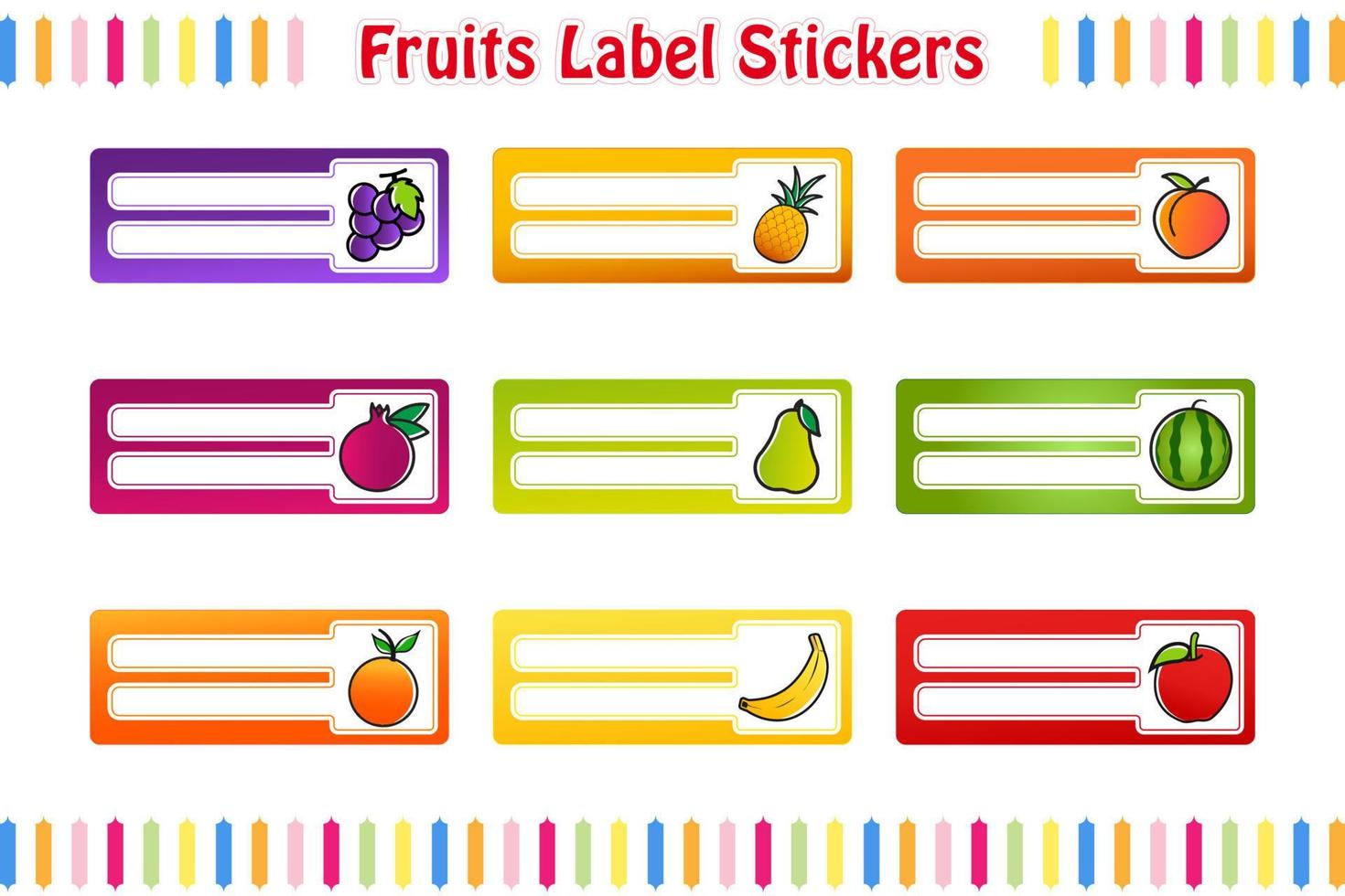 pegatinas de etiquetas de frutas, etiquetas de nombre de la escuela, etiquetas rectangulares color vector ilustración aislada