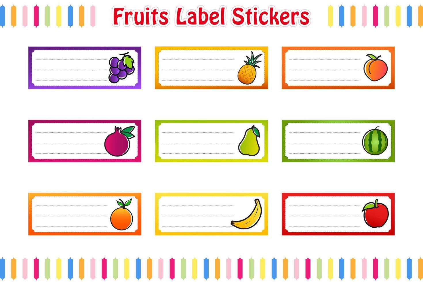 pegatinas de etiquetas de frutas, etiquetas de nombre de la escuela, etiquetas rectangulares color vector ilustración aislada