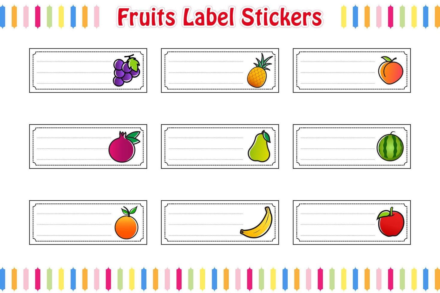 pegatinas de etiquetas de frutas, etiquetas de nombre de la escuela, etiquetas rectangulares color vector ilustración aislada