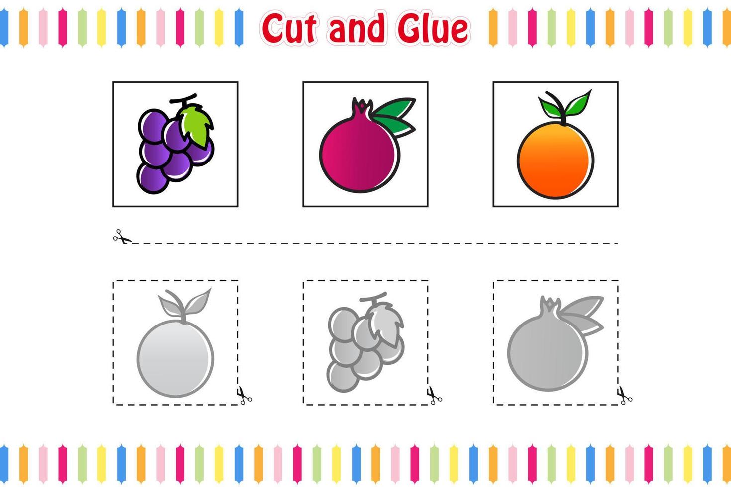 Cut and Glue game for Kids, Education, Developing, Worksheet, Color activity page. Fruits Cartoon Character vector