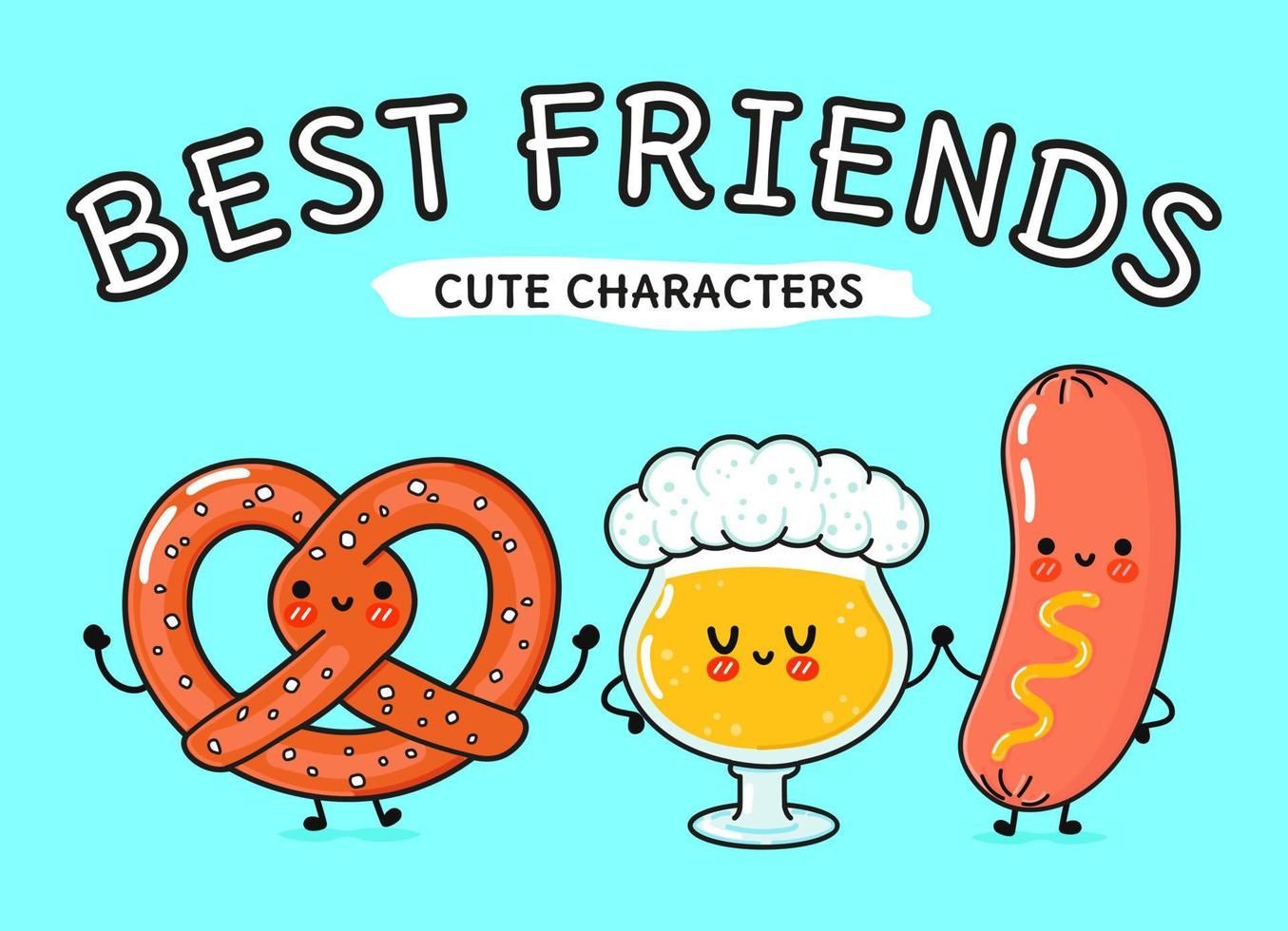 Cute, funny happy glass of beer, pretzel and sausage with mustard. Vector hand drawn cartoon kawaii characters, illustration. Funny cartoon glass of beer, pretzel and sausage mustard mascot friends