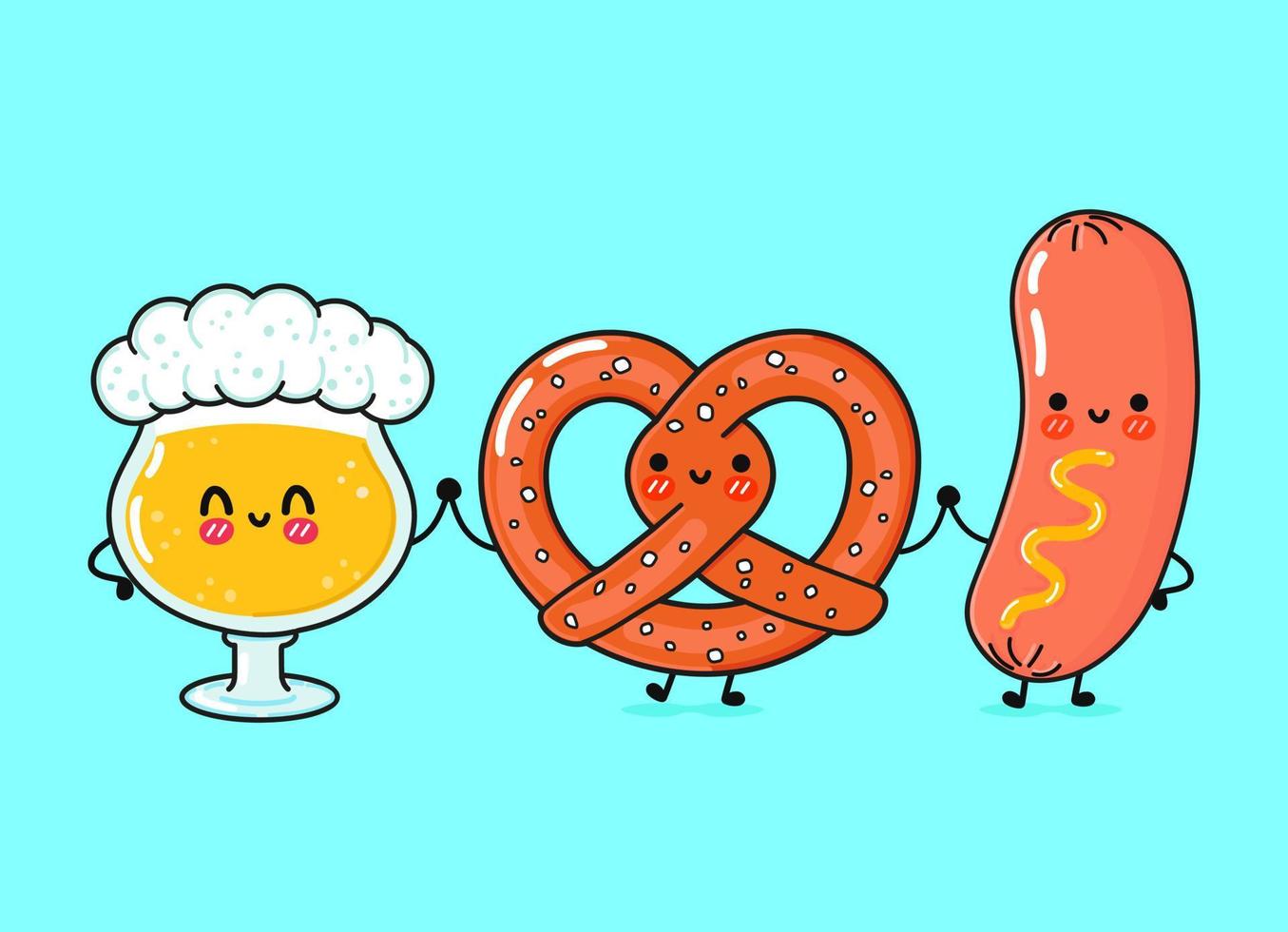 Cute, funny happy glass of beer, pretzel and sausage with mustard. Vector hand drawn cartoon kawaii characters, illustration. Funny cartoon glass of beer, pretzel and sausage mustard mascot friends