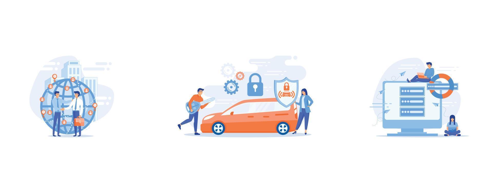 Successful partnership negotiation, partners handshaking, Car alarm system, anti-theft system, vehicle thefts statistics concept, Tiny people programmers with laptops vector