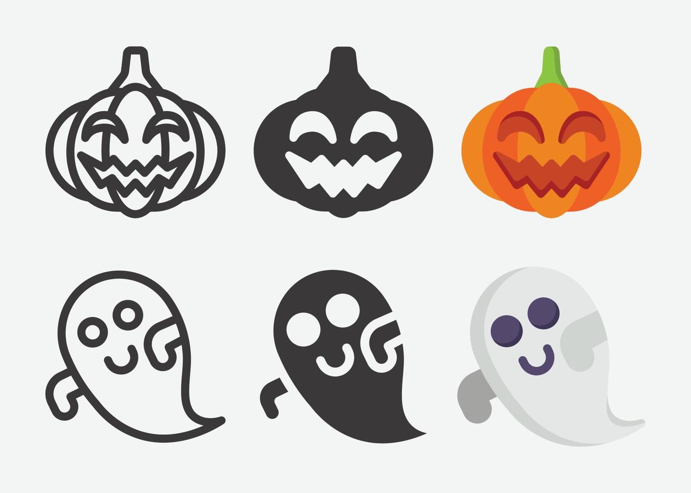 conjunto de iconos de Halloween y fantasmas. colección de halloween diferente, calabaza halloween en estilo plano y contorno. vector