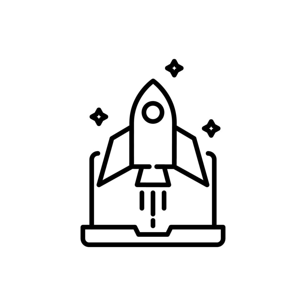 Simple vector isolated pictogram drawn with black thin line. Editable stroke for web sites, adverts, stores, shops. Vector line icon of rocket ship over laptop