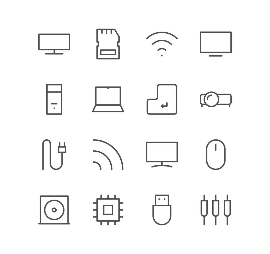 Set of computer and component icons, monitor, cable, adapter, mouse and linear variety vectors. vector