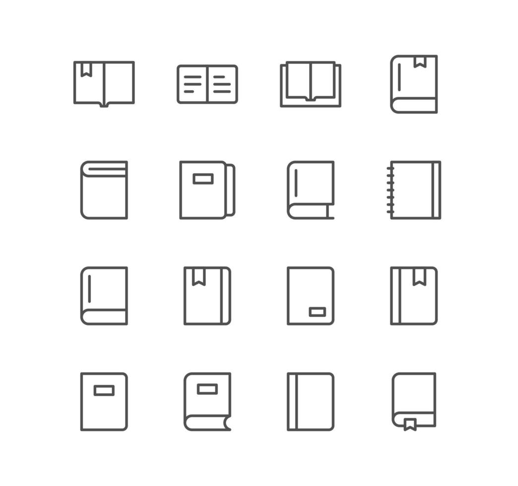 Set of book and learning icons, page, organizer, bookmark, textbook and linear variety vectors. vector