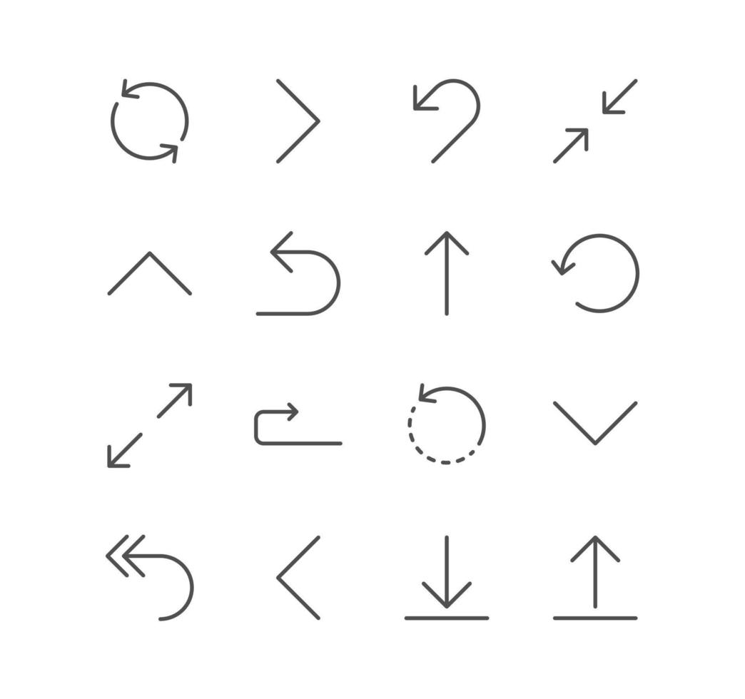 conjunto de iconos de flecha y navegación, tamaño, escala, disminución, edición, cambio de tamaño, línea, vista, reducción y vectores de variedad lineal.