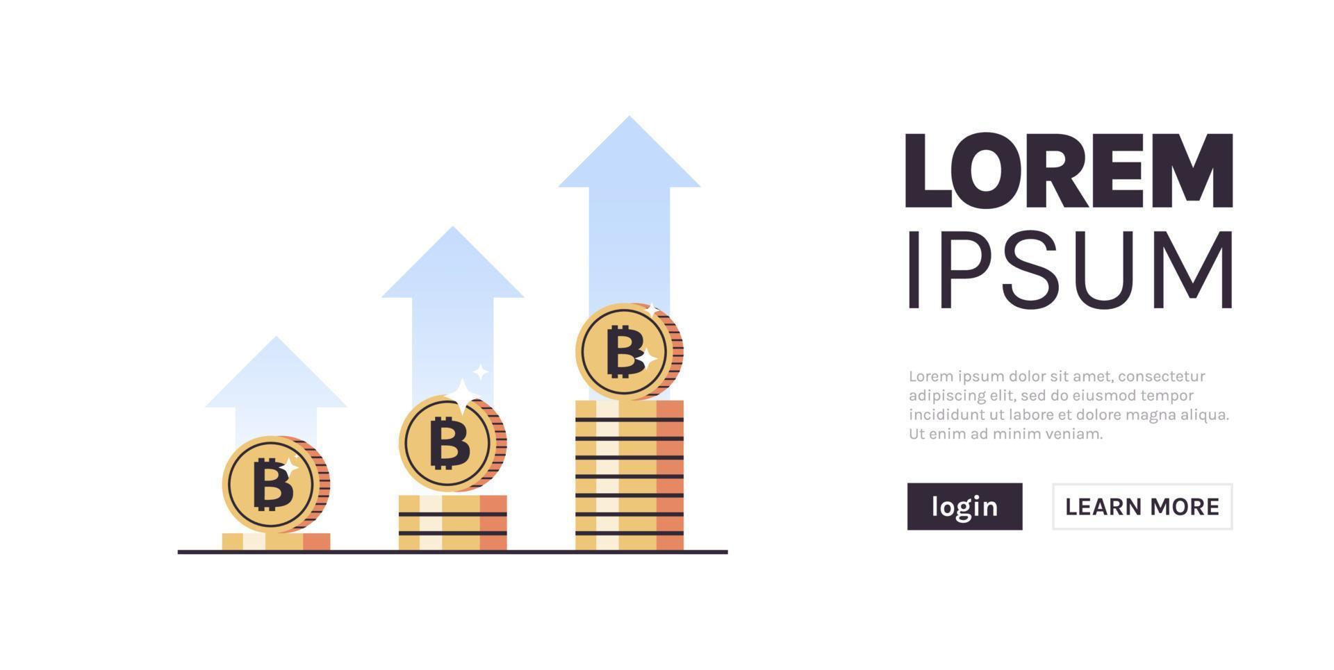 crecimiento de monedas con flechas y monedas de oro apilan ilustración de vector plano de concepto de moneda criptográfica de dinero digital moderno.