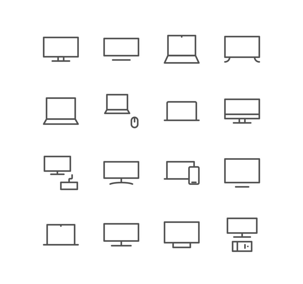 conjunto de iconos de monitor y computadora, dispositivo, pantalla, computadora portátil, teléfono, PC y vectores de variedad lineal.