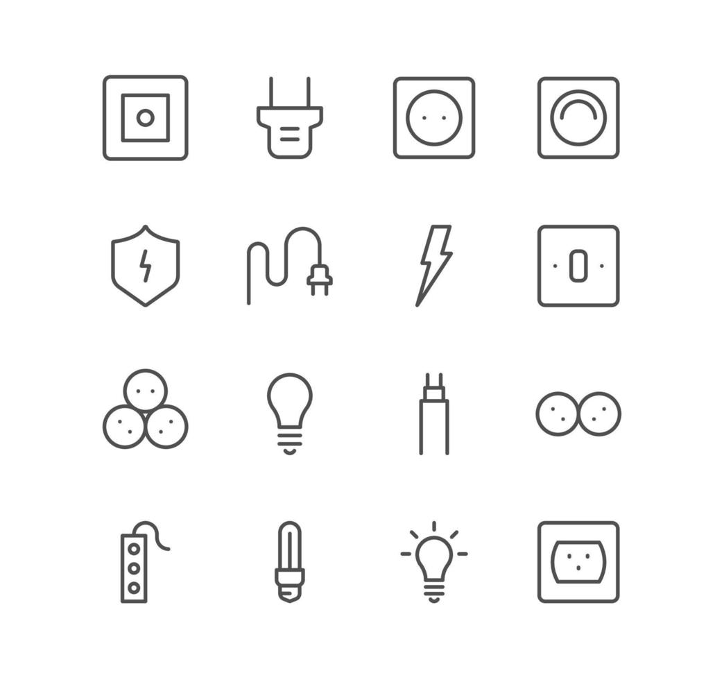 Set of electric and energy icons, cable, plug, switch, socket, bulb and linear variety vectors. vector
