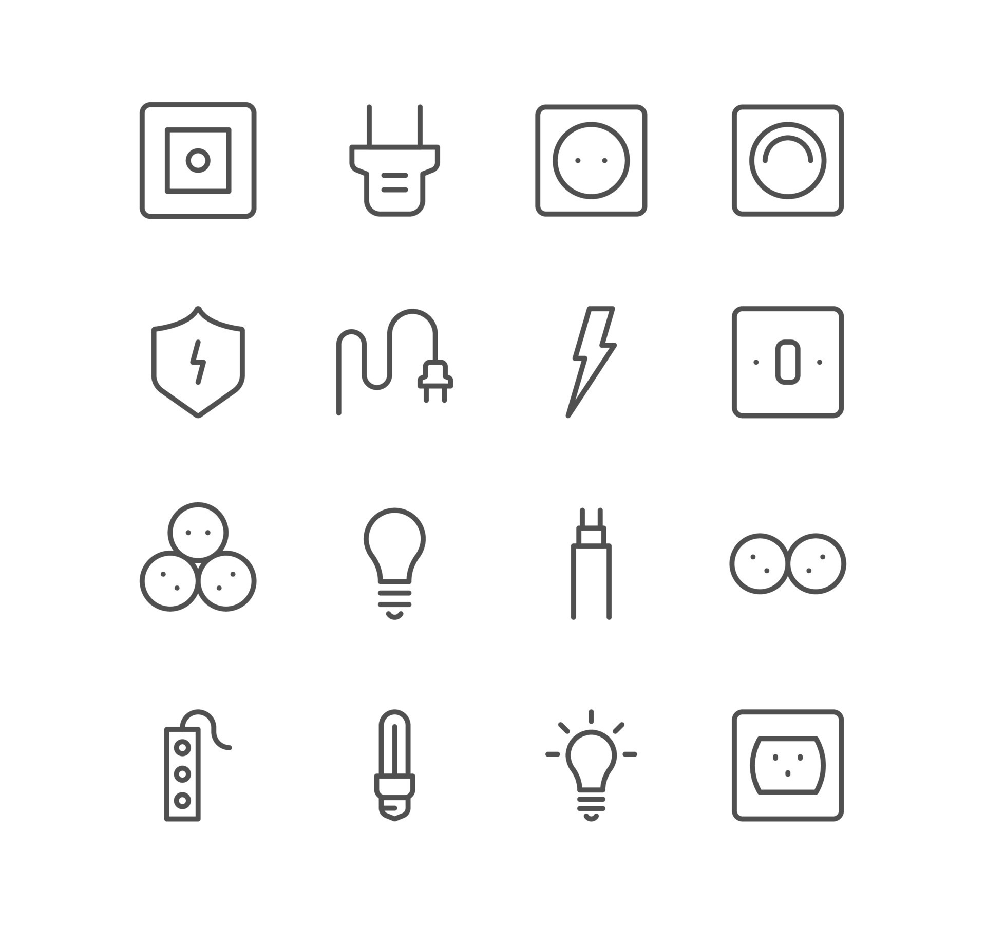 Set of electric and energy icons, cable, plug, switch, socket, bulb and