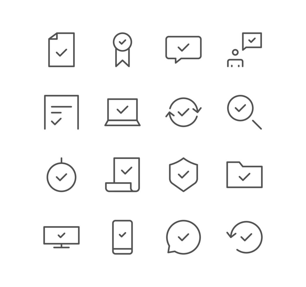 Set of approve and check icons, tick, choice, shield, document, folder and linear variety vectors. vector