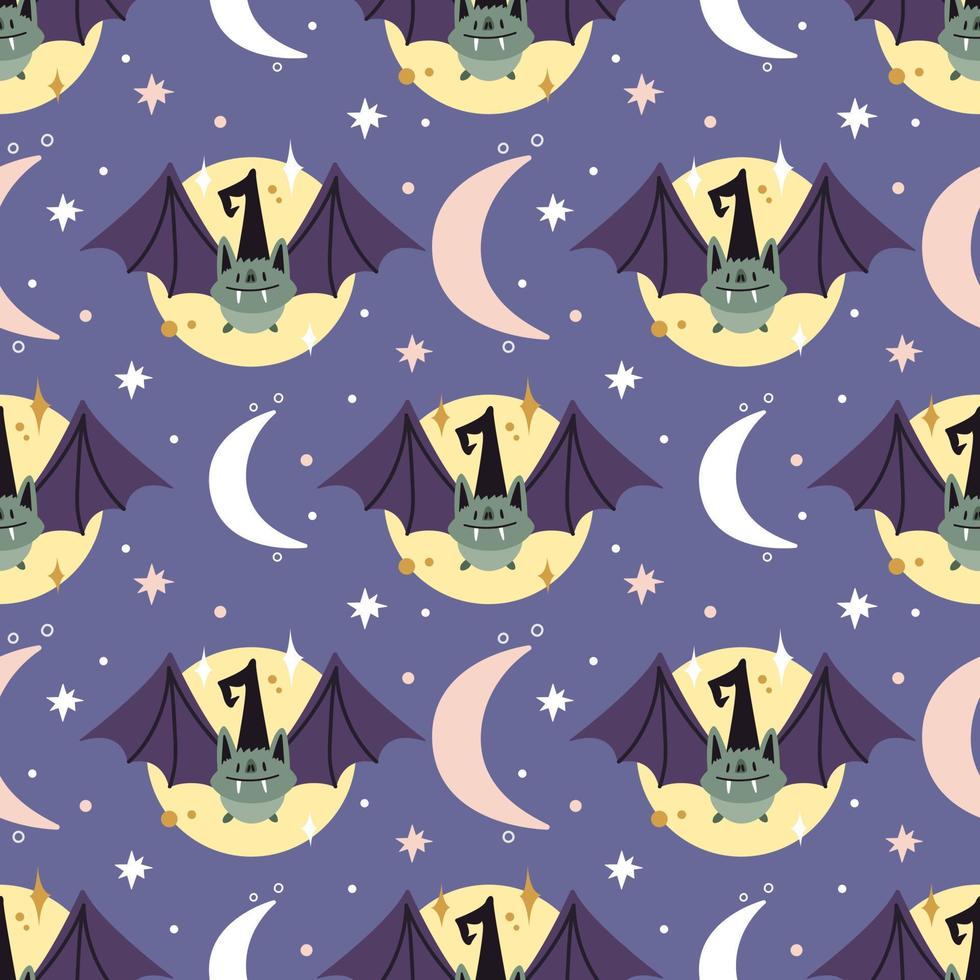 Spooky Halloween seamless pattern in cute doodle style. Smiling bat in witch's hat, moon and stars cartoon vector elements on violet background.