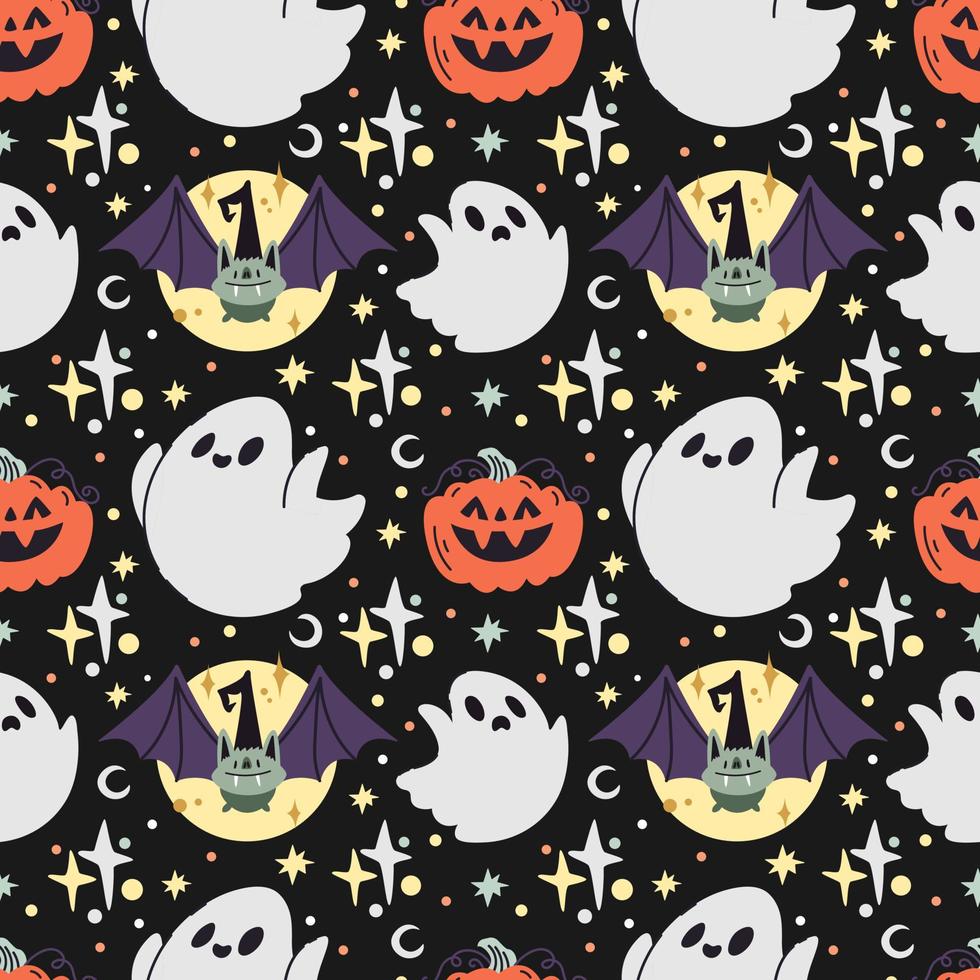 Halloween spooky seamless pattern in cute cartoon style on black background. Pumpkin, bat in witch hat and ghost flat vector elements.