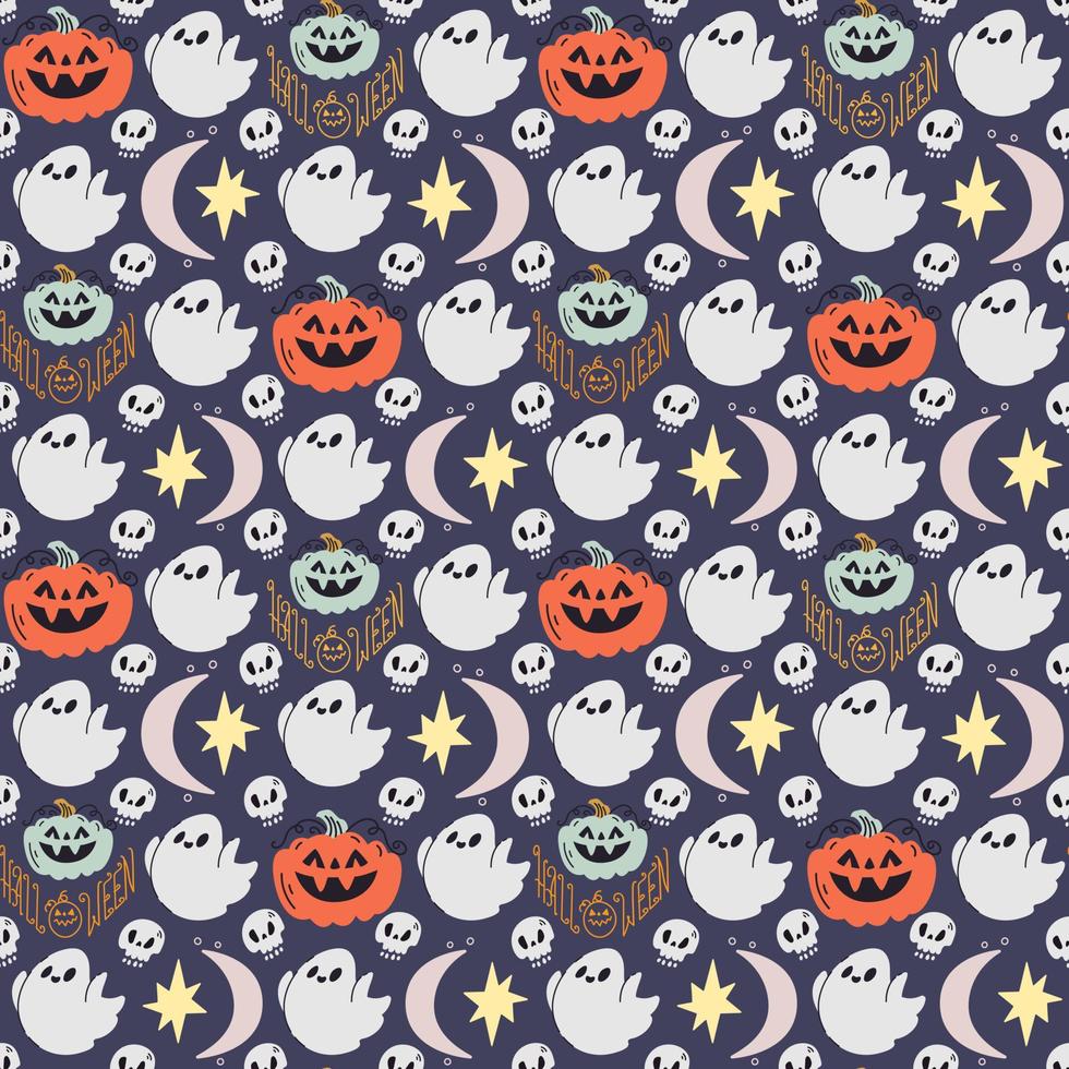 Cute childish Halloween seamless pattern in flat doodle style with ghost, smiling pumpkin, moon, scull, stars on violet background. Perfect for digital paper and decoration. vector