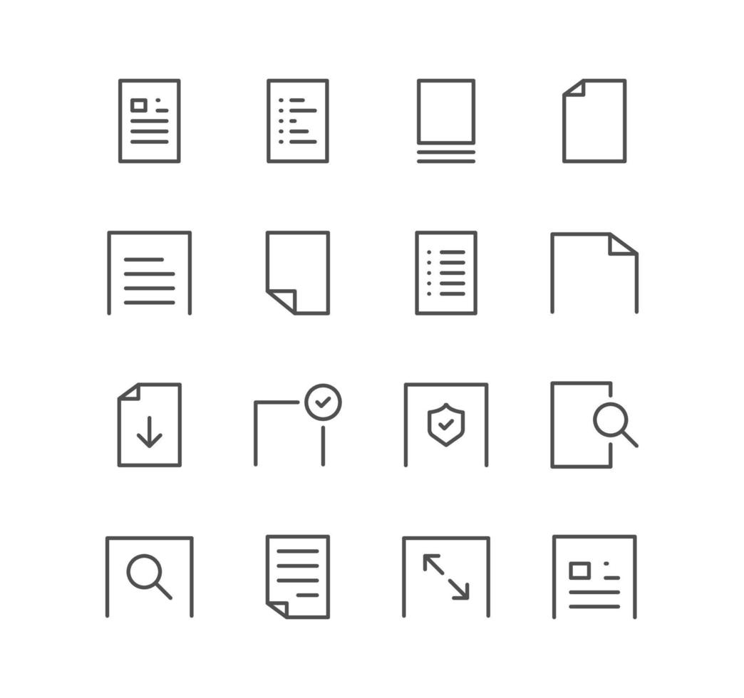 Set of document and paper icons, page, note, form, word, message and linear variety vectors. vector