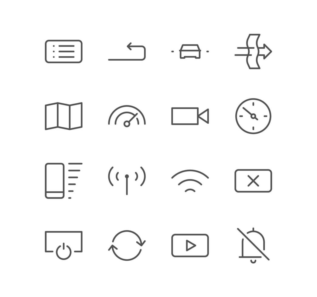 Set of car dashboard and control button icons, camera, document, navigation, vehicle, media, refresh, alert and linear variety vectors. vector