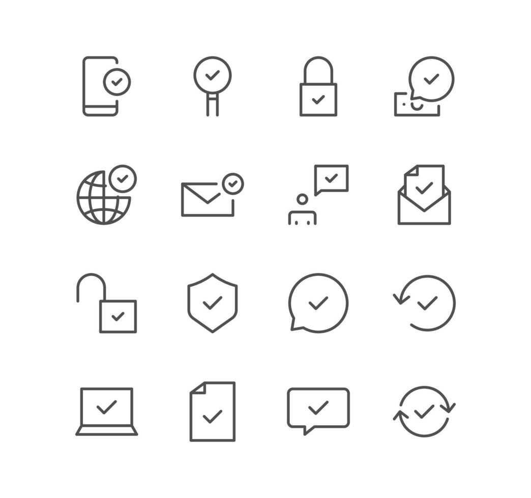 Set of approve and confirm icons, tick, choice, shield, document, folder and linear variety vectors. vector