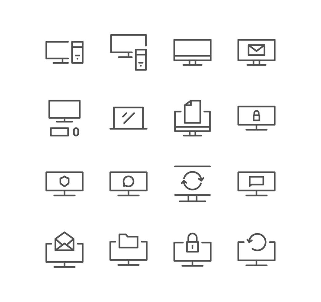 Set of monitor and technology icons, screen, business, laptop, computer, mail, refresh, folder and linear variety vectors. vector