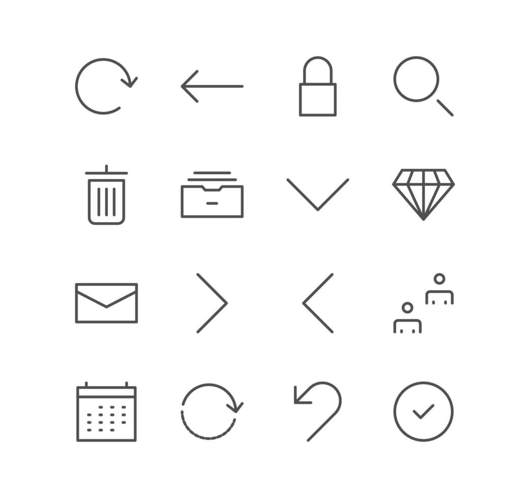 Set of interface and technology icons, trash, back, arrow, refresh, lock, next, search, mail, calendar, approve, diamond and linear variety vectors. vector