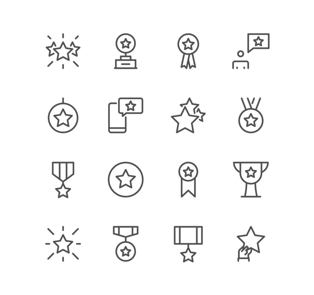 Set of star and related icons, award, rating, medal, ribbon badge, trophy, shining star and linear variety vectors. vector