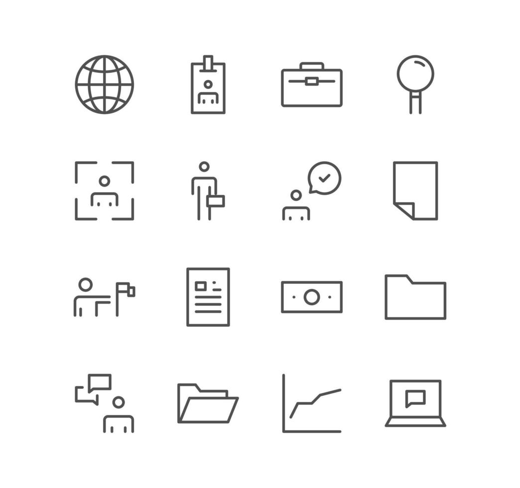 Set of business and finance icons, target, check, presentation, mail, magnifying glass and linear variety vectors. vector