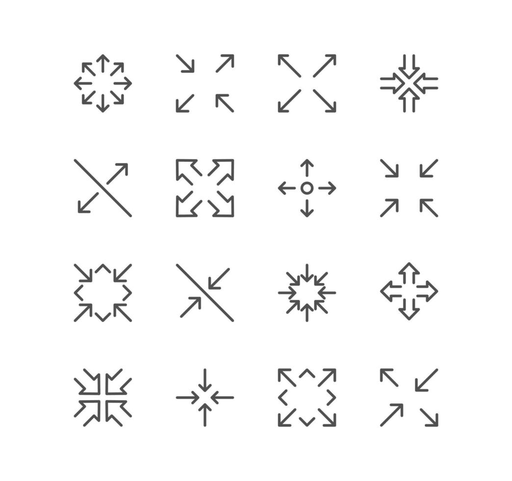 Set of arrow and technology icons, size, scale, decrease, edit, resize, line, view, reduce and linear variety vectors. vector