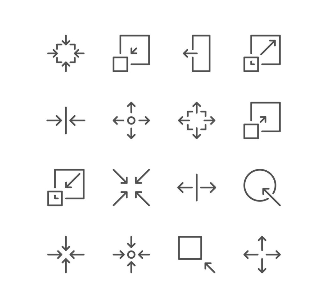 conjunto de iconos de flecha y tecnología, tamaño, escala, disminución, edición, cambio de tamaño, línea, vista, reducción y vectores de variedad lineal.