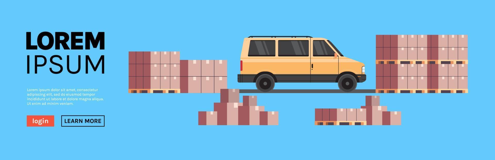minivan de carga de almacén que carga paquetes de paquetes y concepto industrial de entrega internacional ilustración vectorial plana. vector