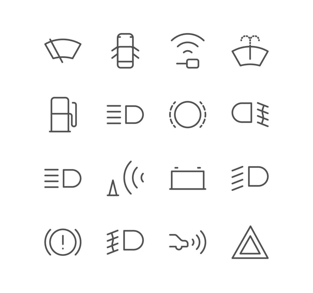 Set of car dashboard and control button icons, brake, fuel, battery, safety, fog, and linear variety vectors. vector