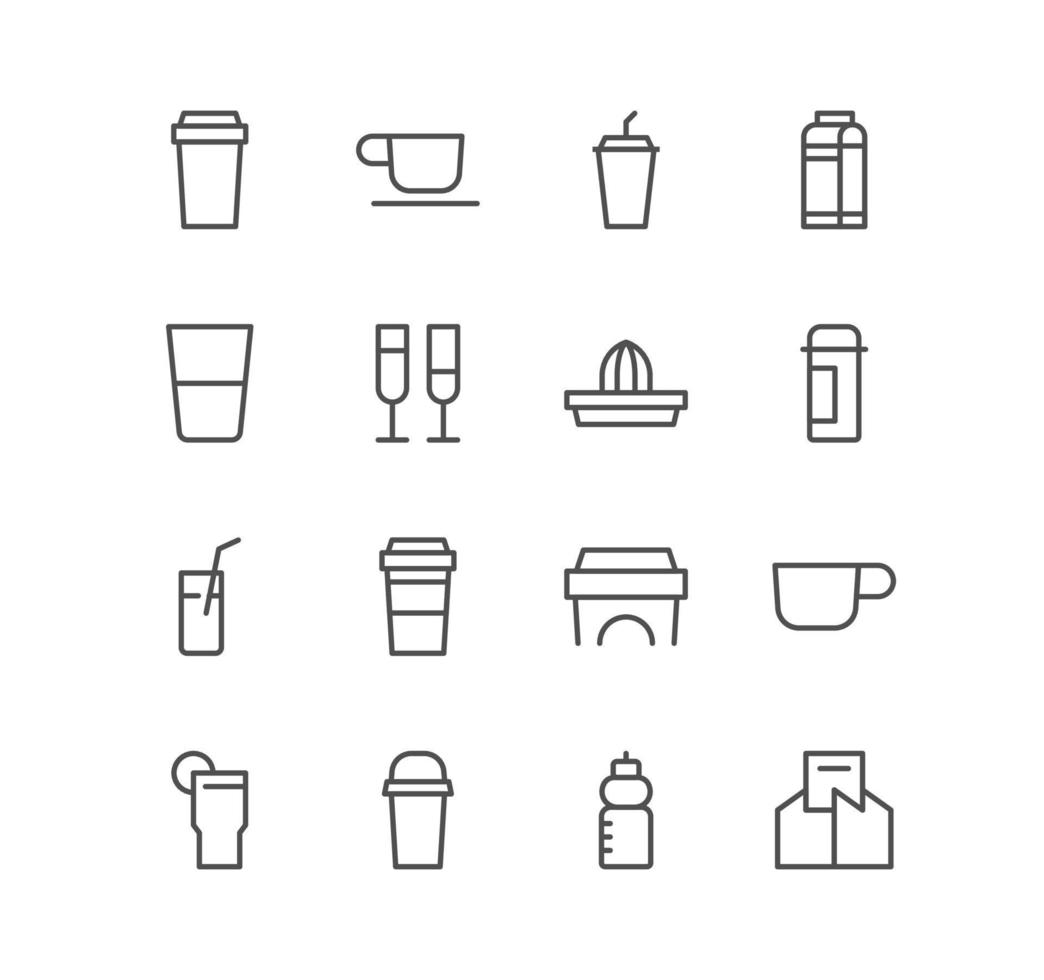 conjunto de íconos de bebida y taza, cóctel, bebida, vidrio, café, alcohol, jugo, té y vectores lineales de variedad.