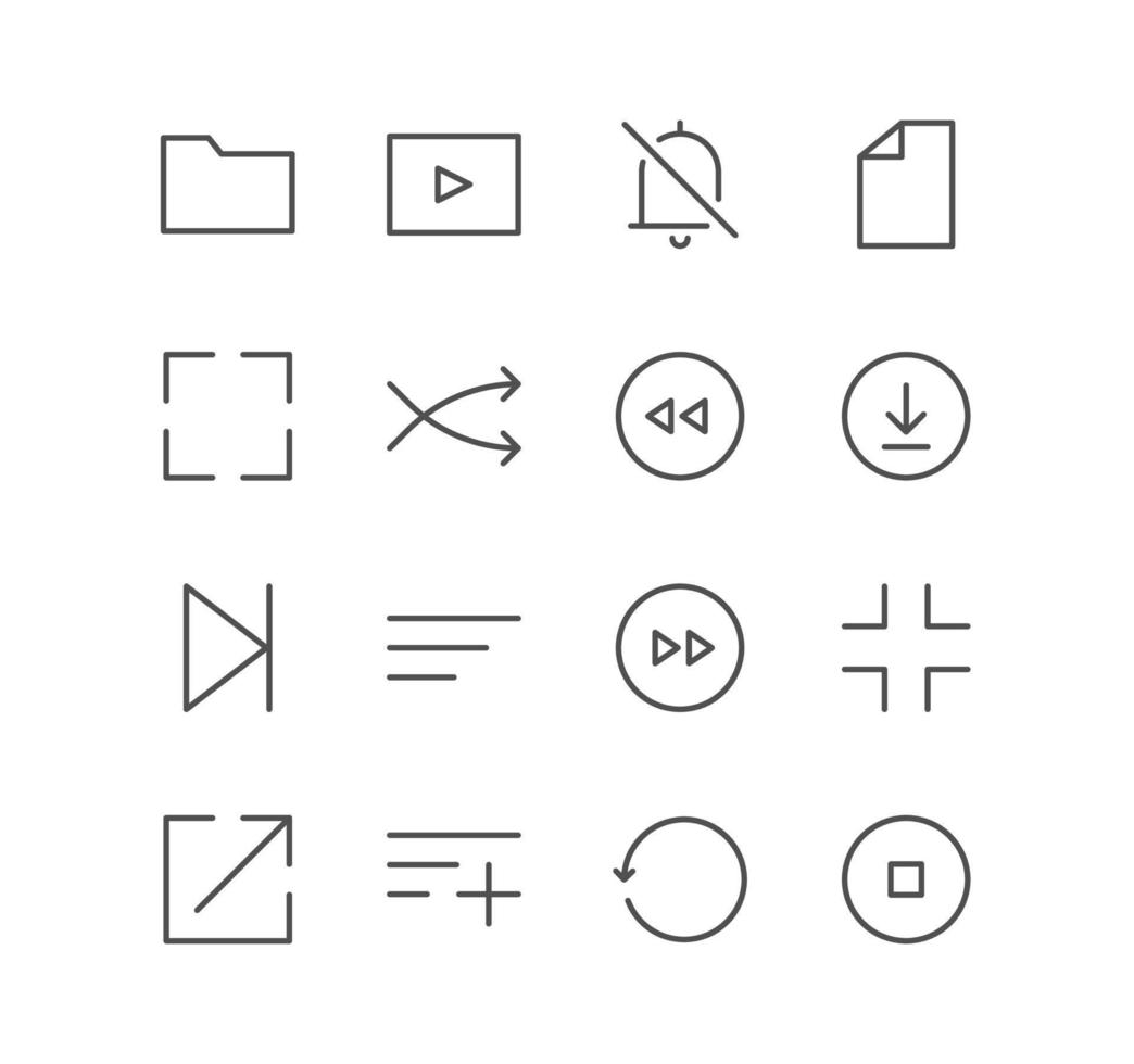 Set of video and audio icons, play, player, download, next, multimedia, button, music, save and linear variety vectors. vector
