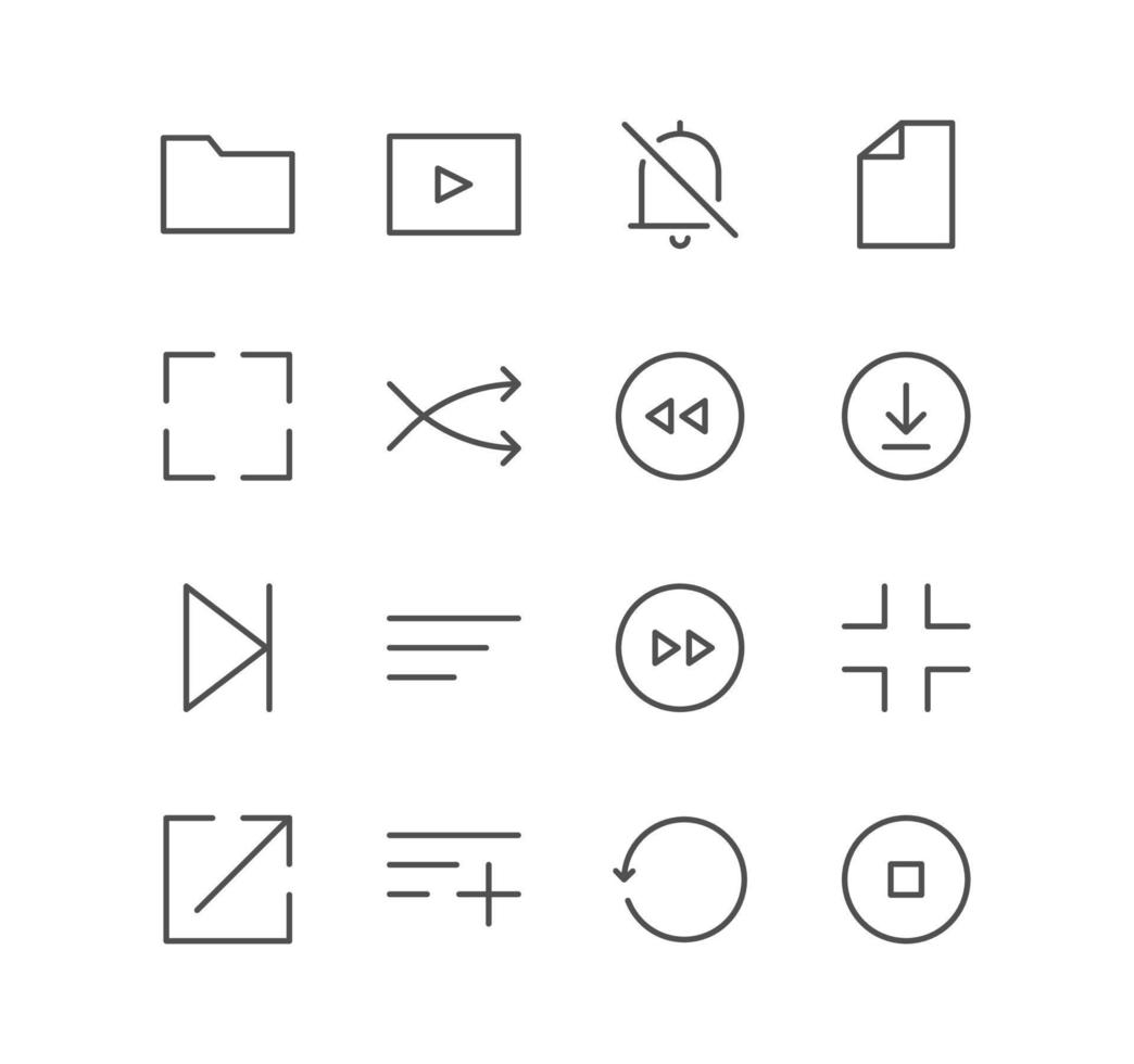 conjunto de iconos de video y audio, reproducción, reproductor, descarga, siguiente, multimedia, botón, música, guardar y vectores de variedad lineal.