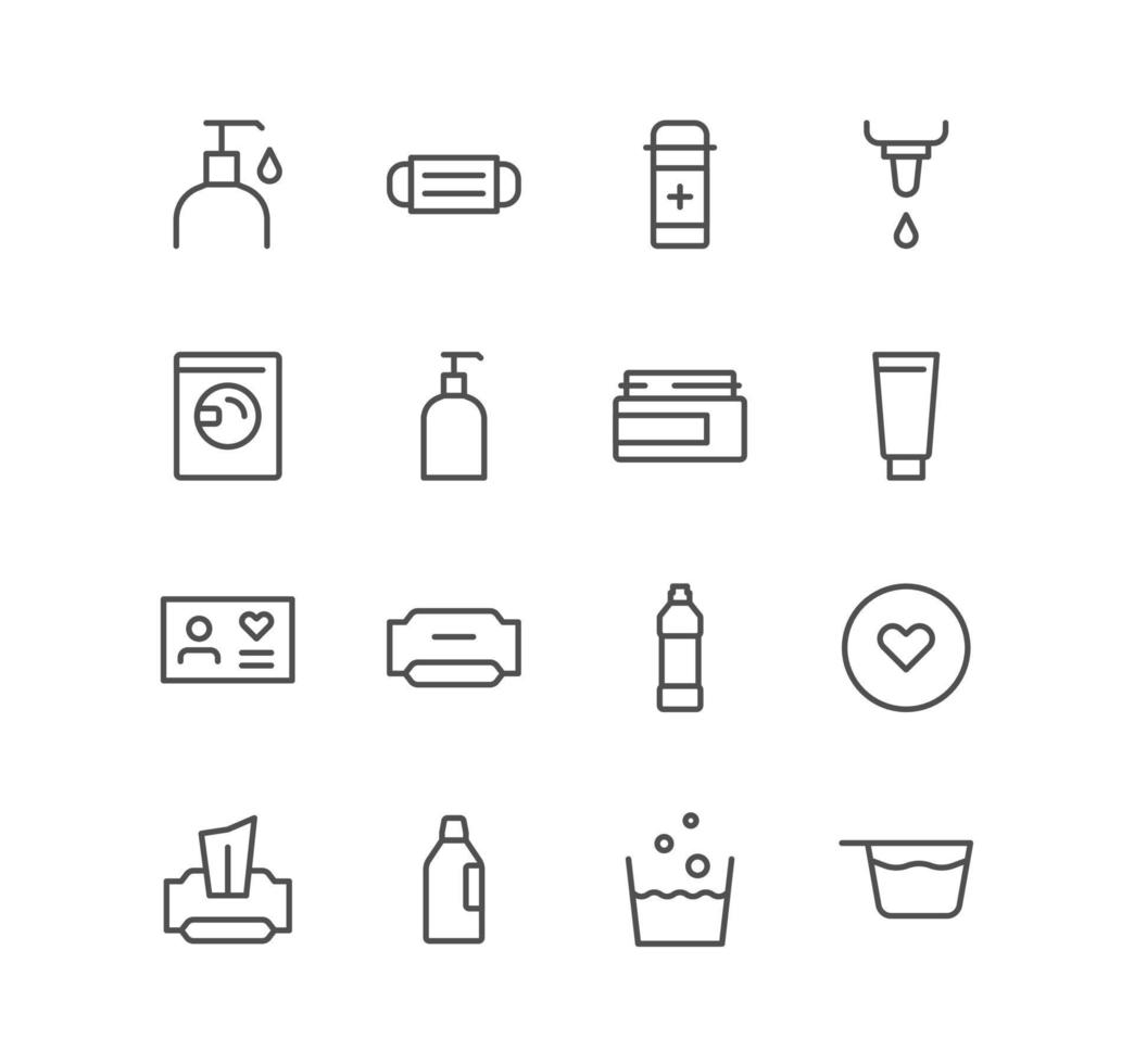 Set of health and hygiene icons, liquid soap, wet wipes, detergent, eye drops, hand cream, mask, heart and linear variety vectors. vector