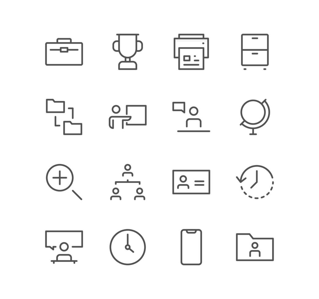 Set of business and communication icons, search, meeting, presentation, phone, time, and linear variety vectors. vector
