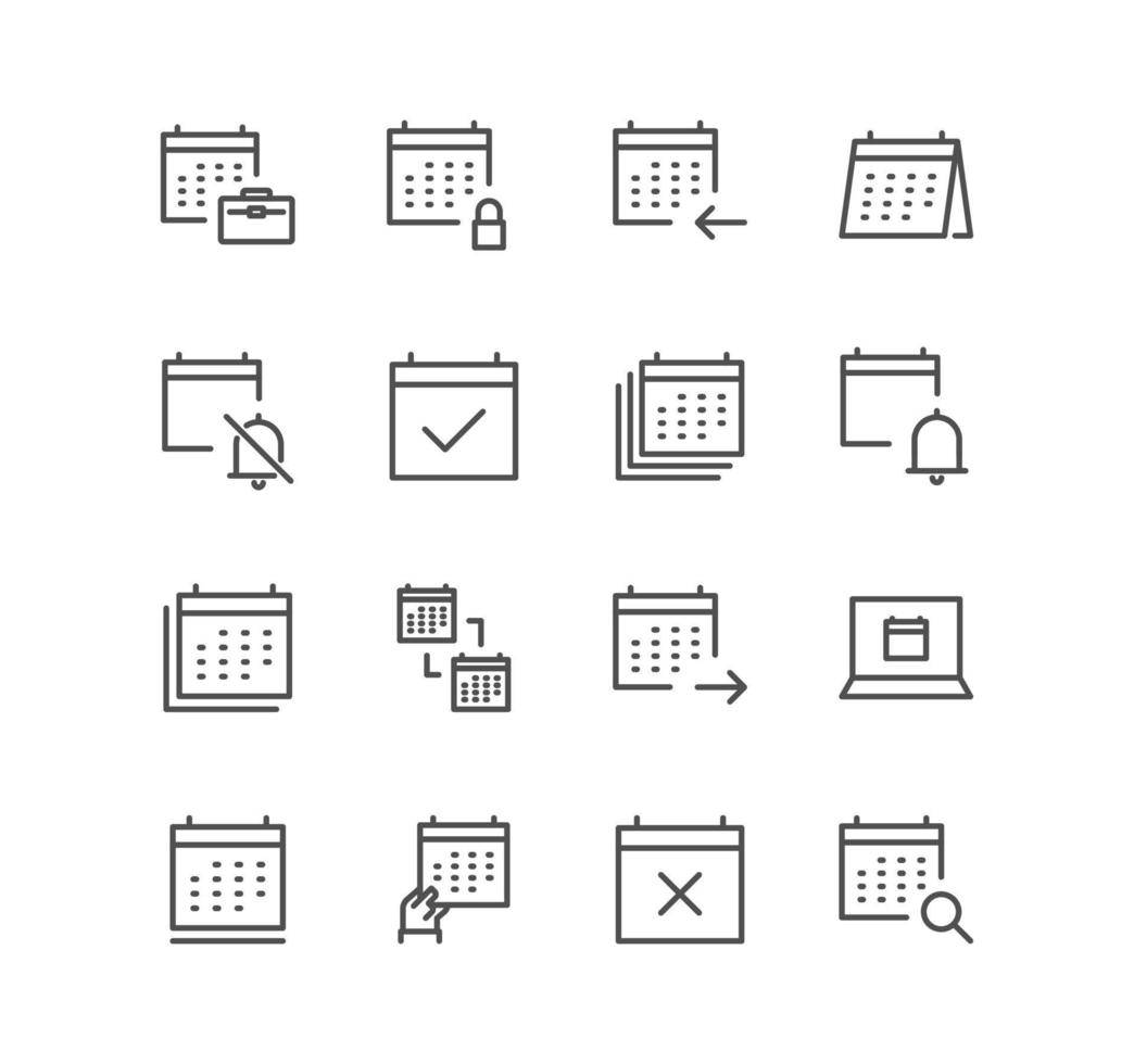 Set of calendar and appointment icons, date, working, schedule, date settings, meeting and linear variety vectors. vector