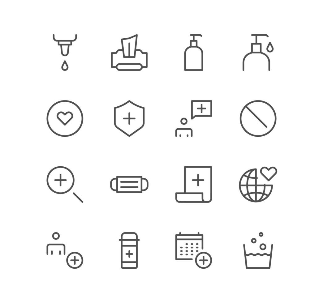 Set of coronavirus and health icons, protection, mask, hygiene, soap, quarantine, block and linear variety vectors. vector