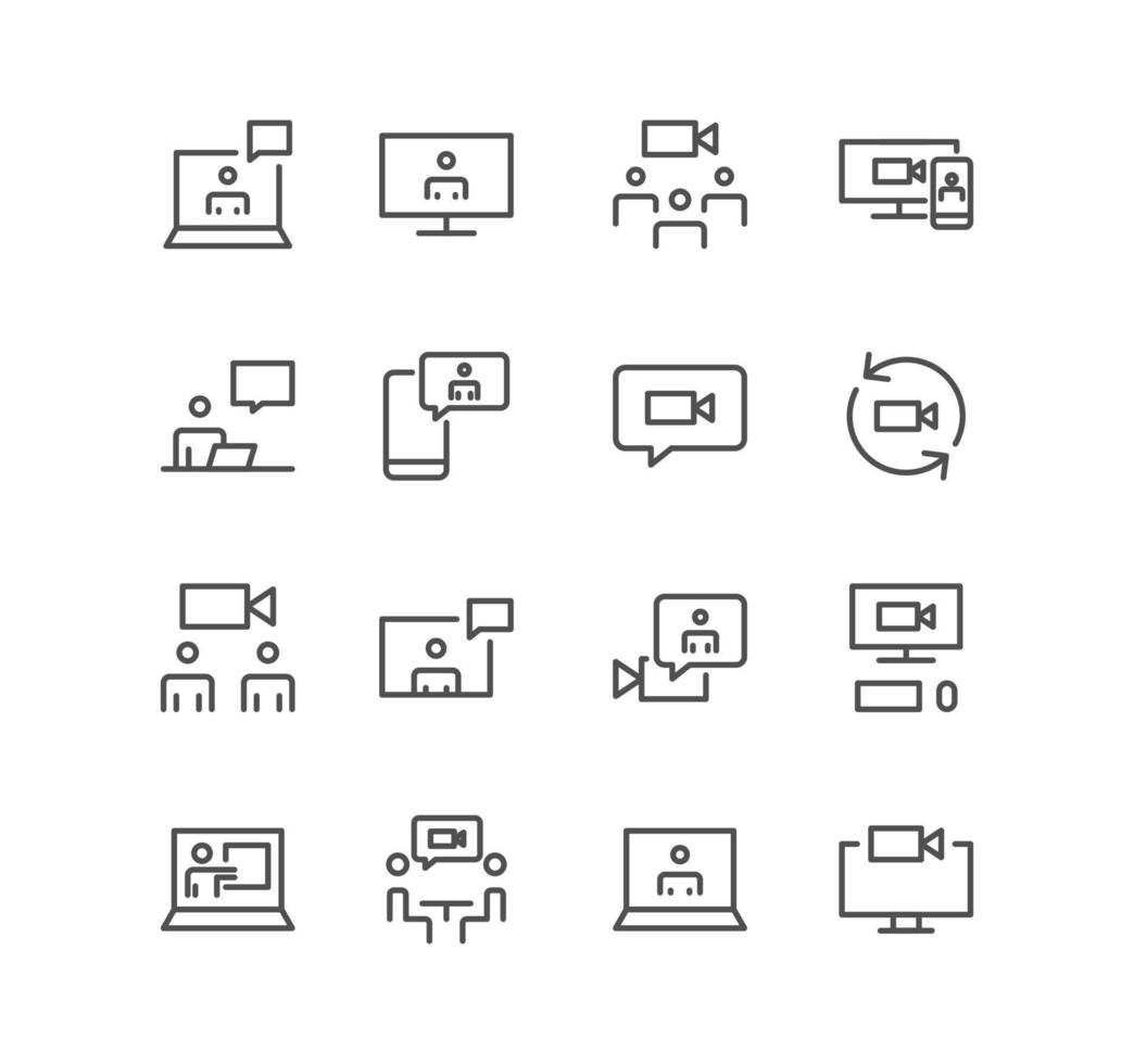 Set of video conferencing and online communication icons, group, meeting, presentation, group chat, online education, video call, view camera and linear variety vectors. vector