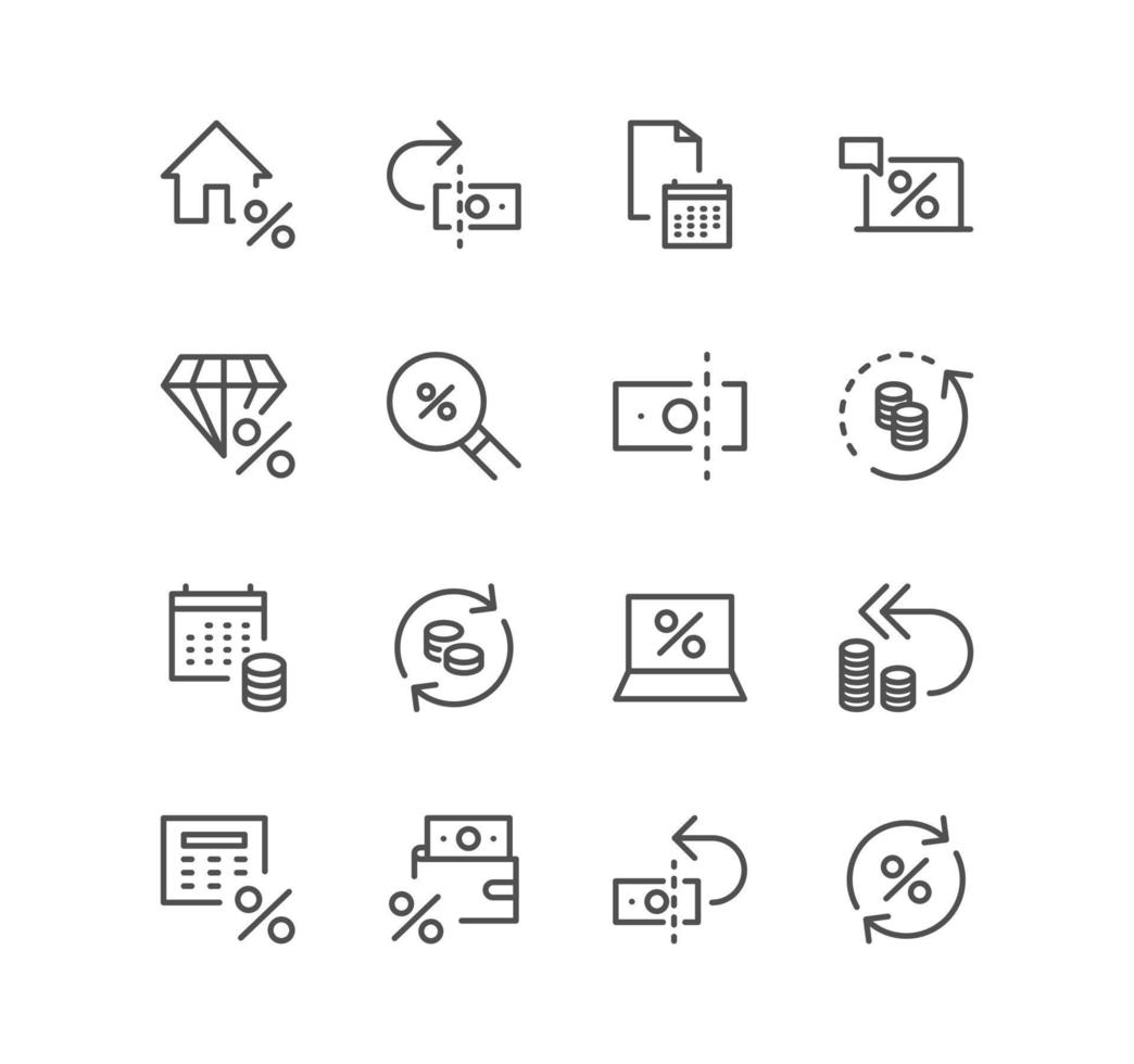 conjunto de íconos de impuestos y finanzas, reembolso de impuestos, papel moneda, efectivo, crecimiento, informe de dinero, mercado, tasa de interés y vectores de variedad lineal.